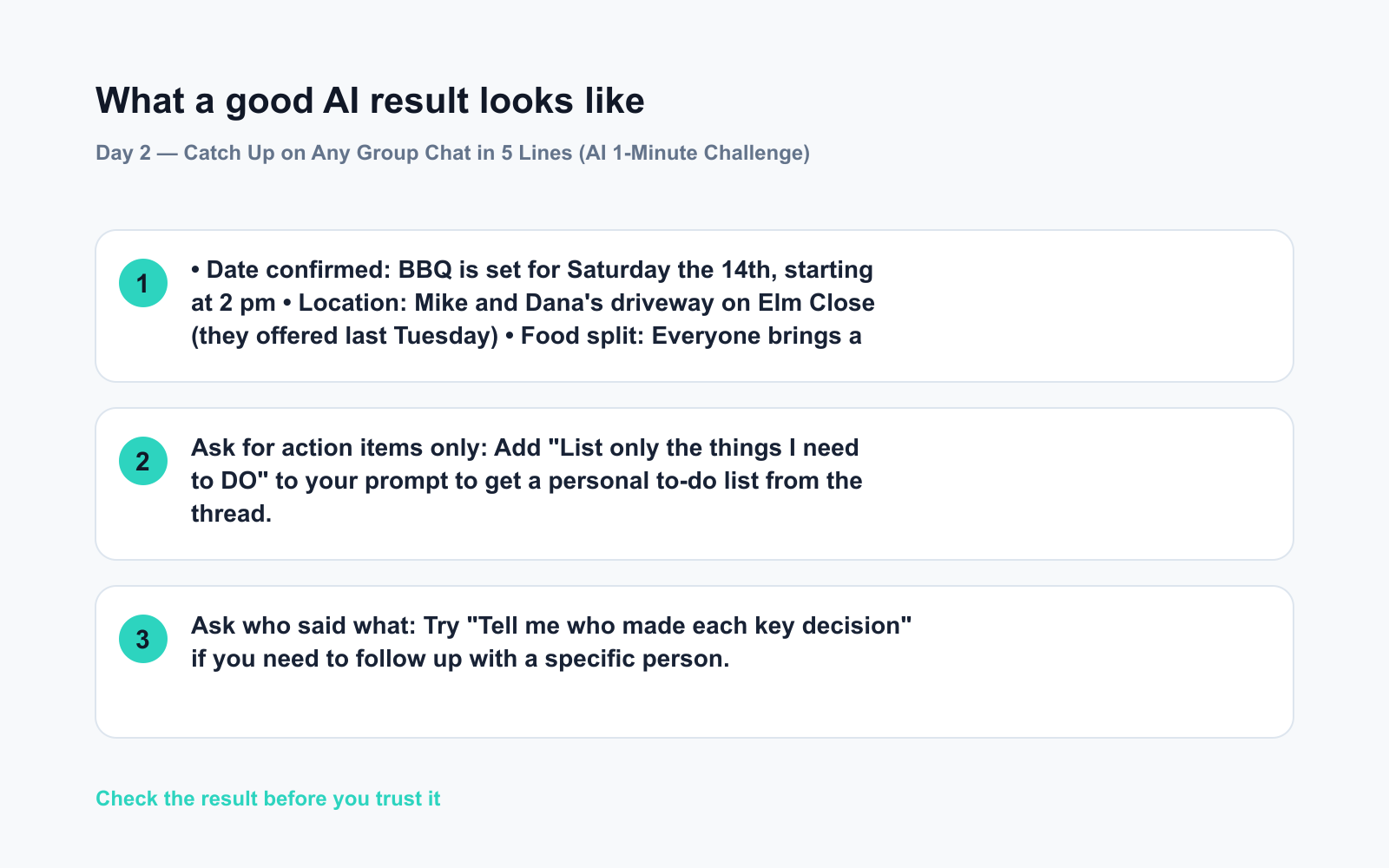 Day 2 — Catch Up on Any Group Chat in 5 Lines (AI 1-Minute Challenge) - Expected AI result visual