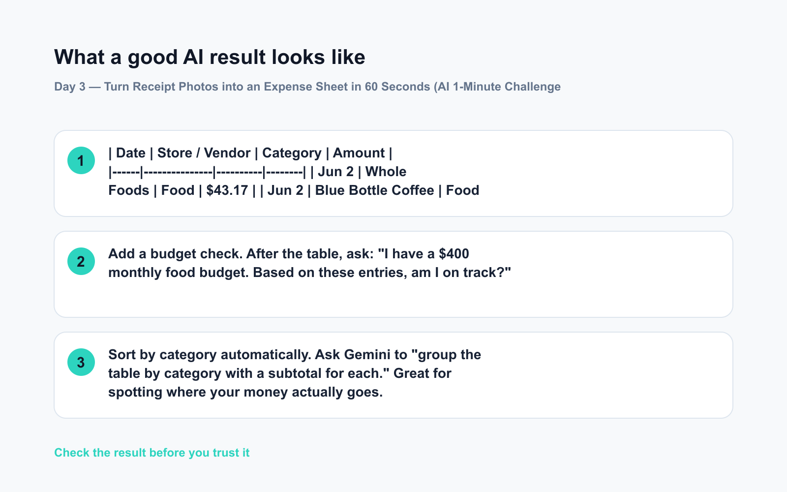 Day 3 — Turn Receipt Photos into an Expense Sheet in 60 Seconds (AI 1-Minute Challenge) - Expected AI result visual