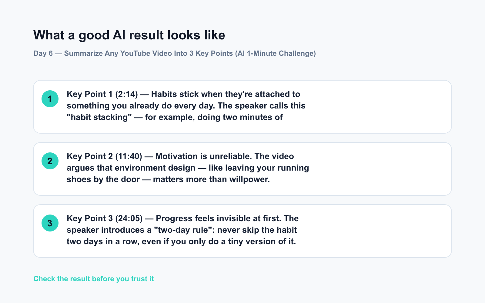 Day 6 — Summarize Any YouTube Video Into 3 Key Points (AI 1-Minute Challenge) - Expected AI result visual