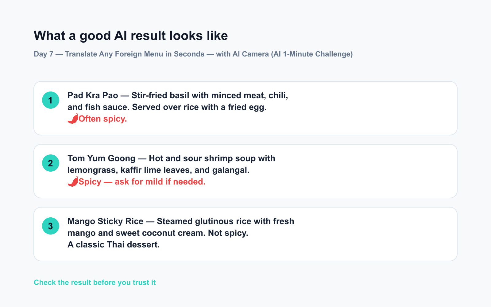 Day 7 — Translate Any Foreign Menu in Seconds — with AI Camera (AI 1-Minute Challenge) - Expected AI result visual