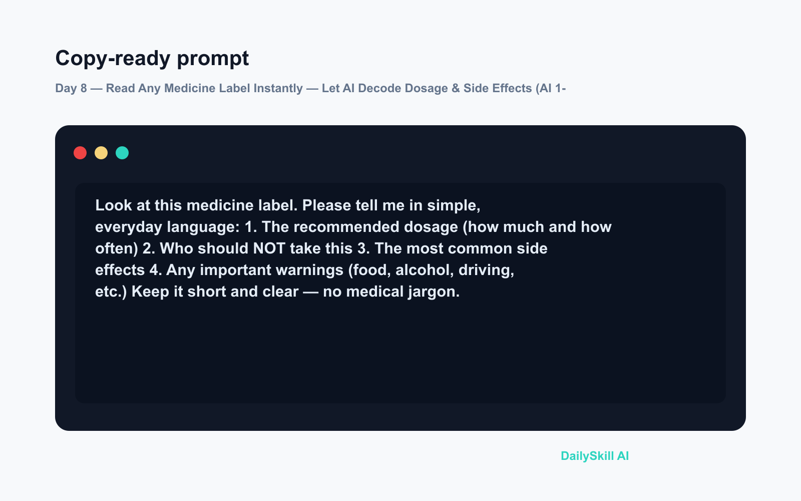 Day 8 — Read Any Medicine Label Instantly — Let AI Decode Dosage & Side Effects (AI 1-Minute Challenge) - Prompt input visual