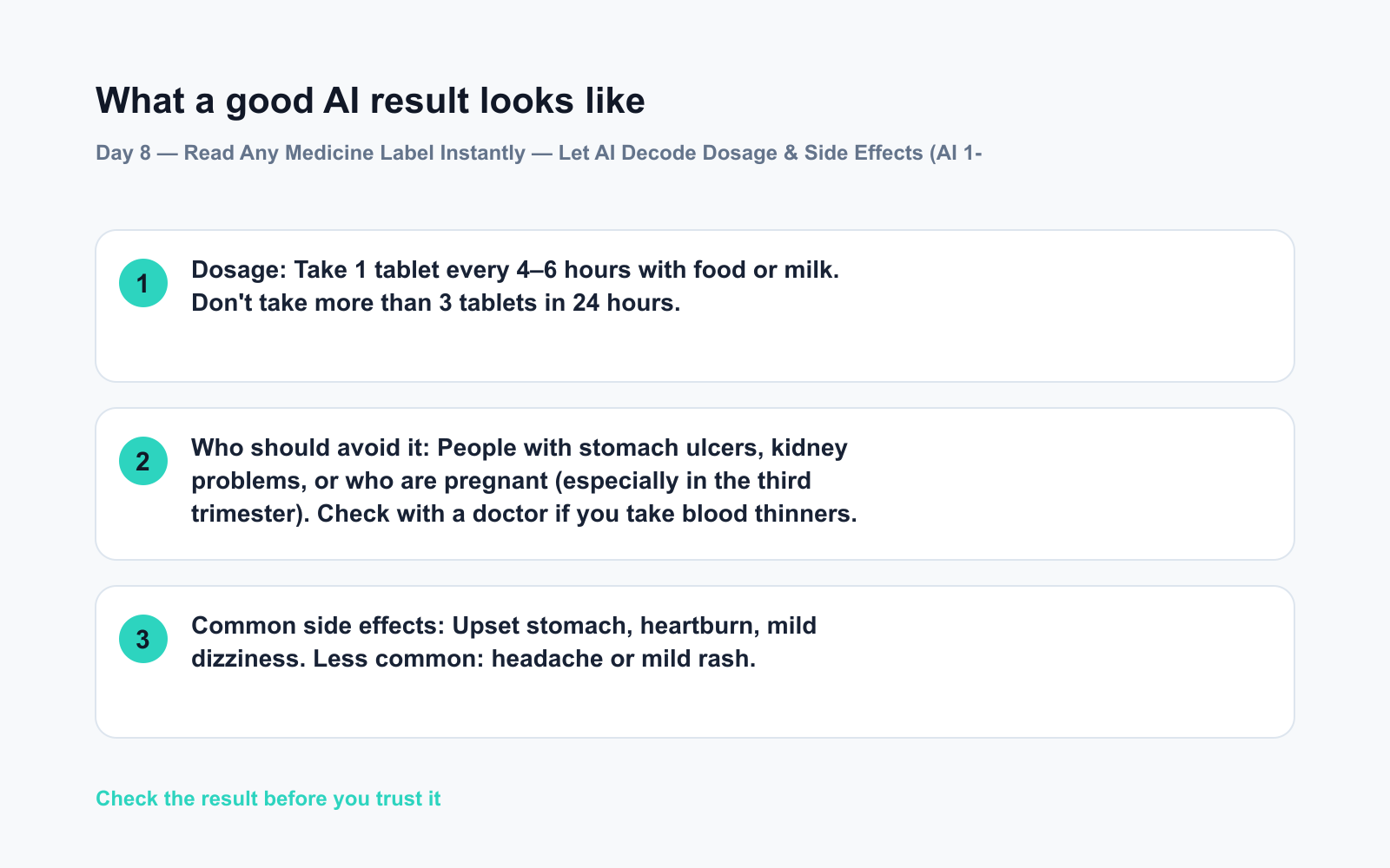 Day 8 — Read Any Medicine Label Instantly — Let AI Decode Dosage & Side Effects (AI 1-Minute Challenge) - Expected AI result visual
