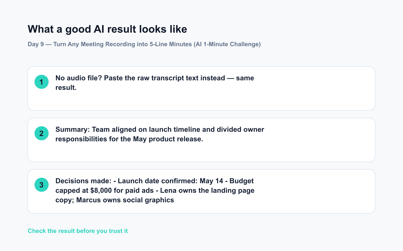 Day 9 — Turn Any Meeting Recording into 5-Line Minutes (AI 1-Minute Challenge) - Expected AI result visual