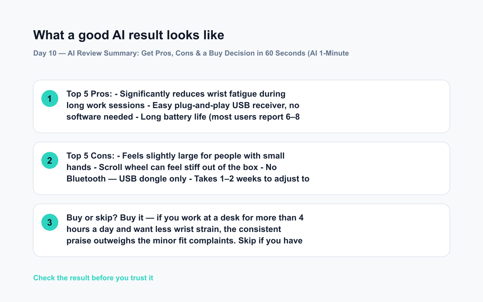Day 10 — AI Review Summary: Get Pros, Cons & a Buy Decision in 60 Seconds (AI 1-Minute Challenge) - Expected AI result visual