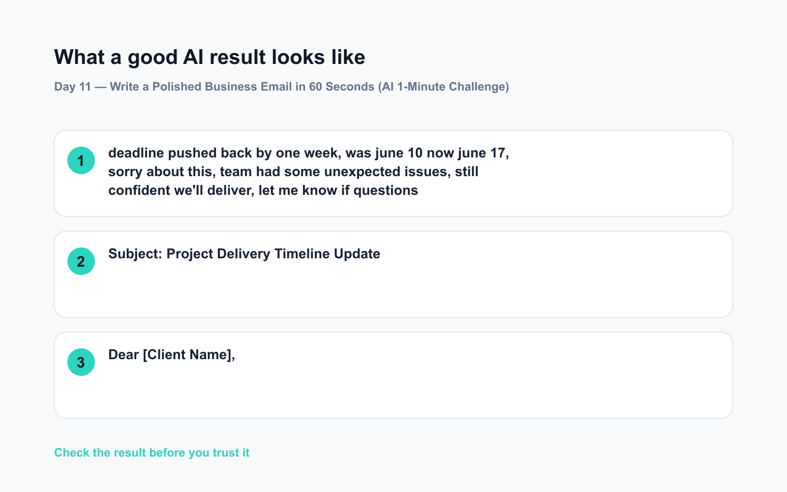 Day 11 — Write a Polished Business Email in 60 Seconds (AI 1-Minute Challenge) - Expected AI result visual
