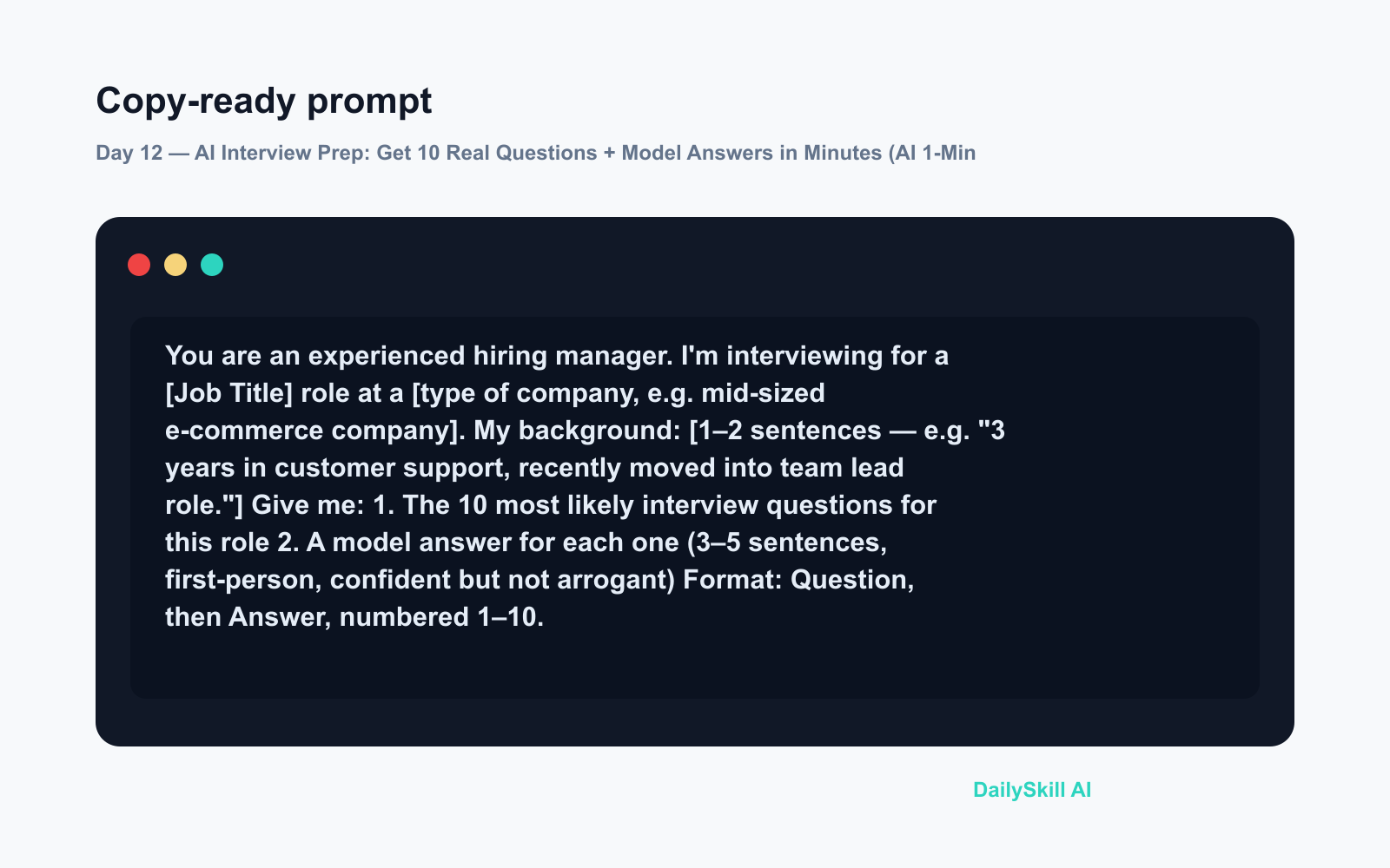 Day 12 — AI Interview Prep: Get 10 Real Questions + Model Answers in Minutes (AI 1-Minute Challenge) - Prompt input visual