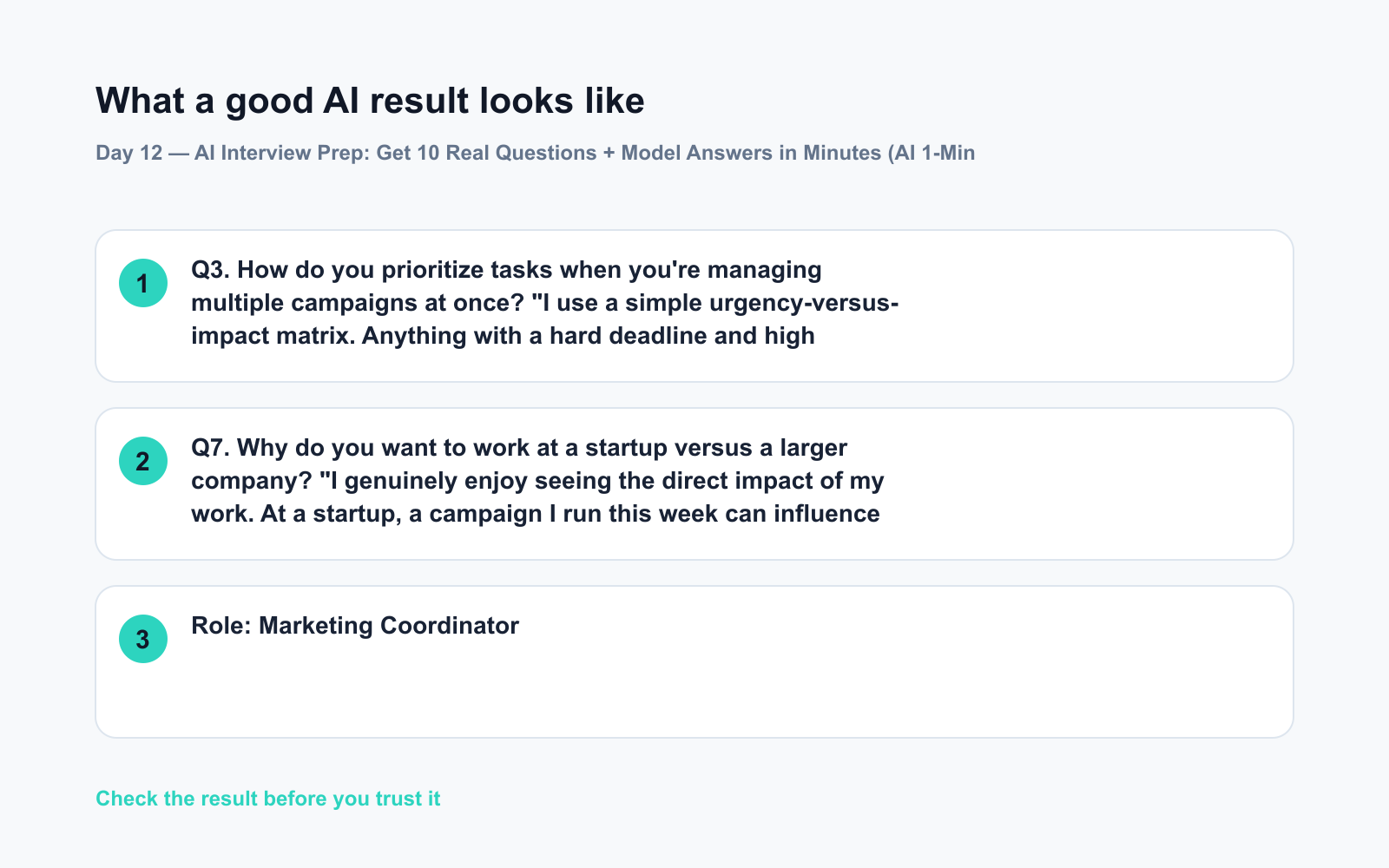 Day 12 — AI Interview Prep: Get 10 Real Questions + Model Answers in Minutes (AI 1-Minute Challenge) - Expected AI result visual