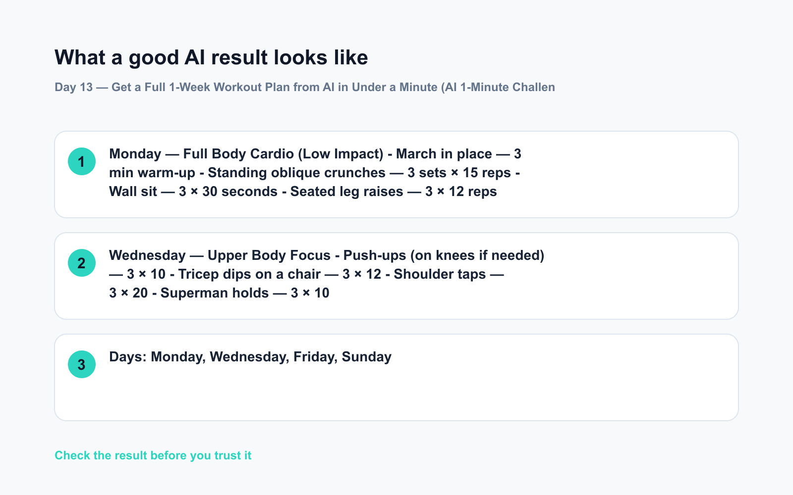 Day 13 — Get a Full 1-Week Workout Plan from AI in Under a Minute (AI 1-Minute Challenge) - Expected AI result visual