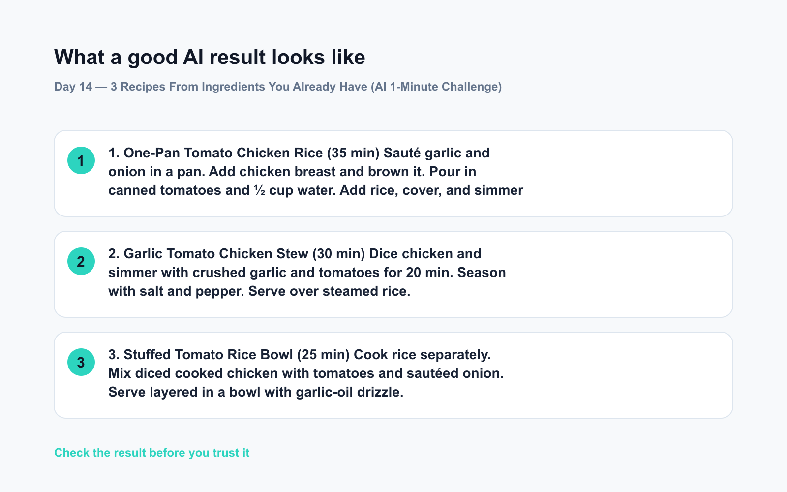 Day 14 β 3 Recipes From Ingredients You Already Have (AI 1-Minute Challenge) - Expected AI result visual