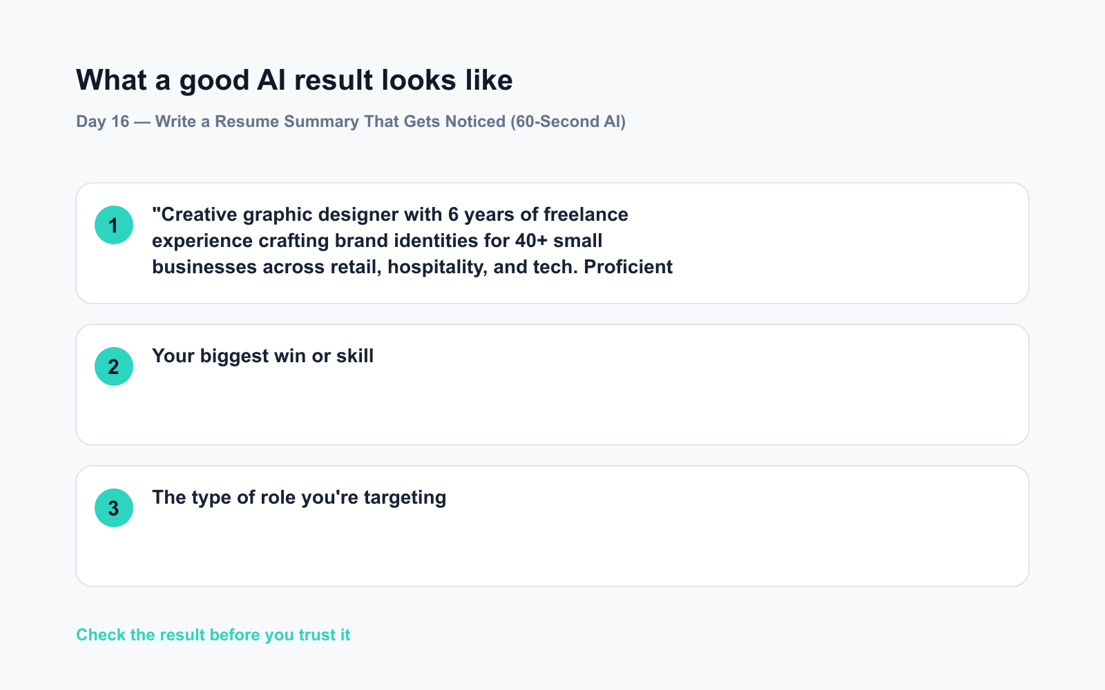 Day 16 β Write a Resume Summary That Gets Noticed (60-Second AI) - Expected AI result visual