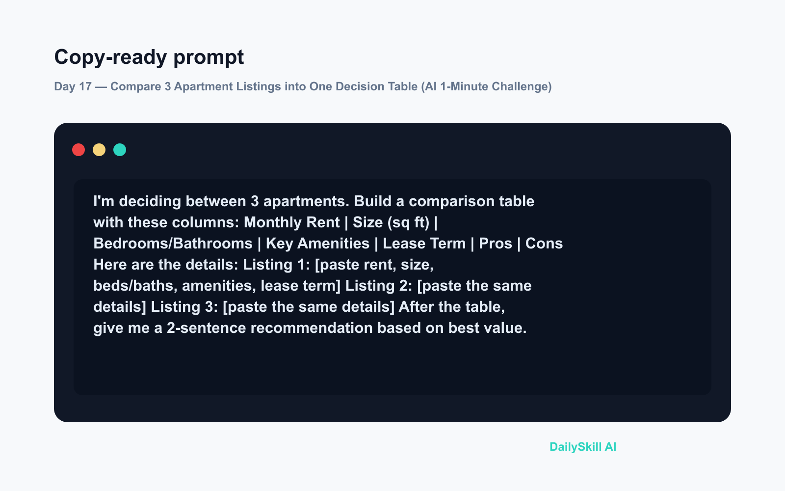 Day 17 — Compare 3 Apartment Listings into One Decision Table (AI 1-Minute Challenge) - Prompt input visual