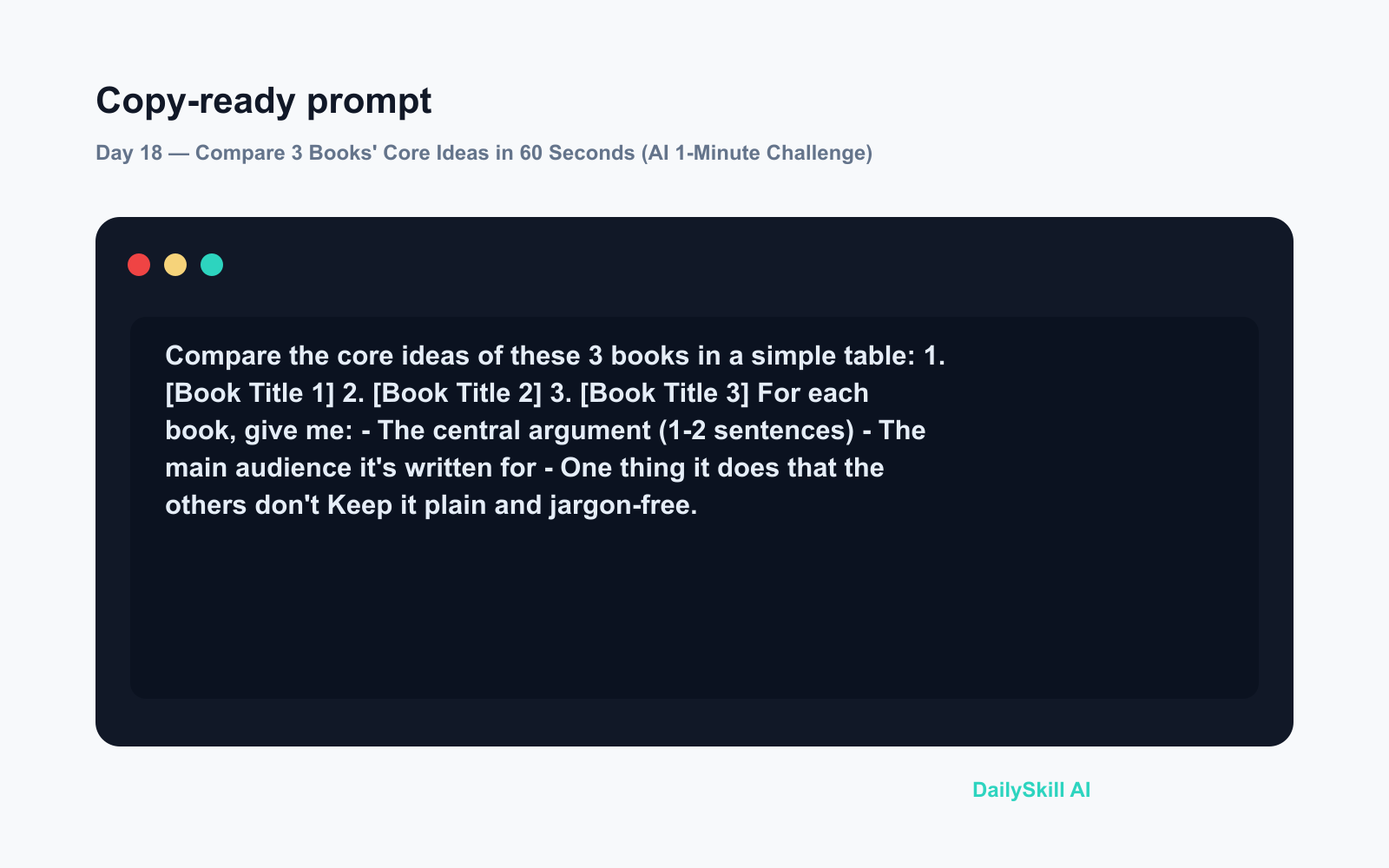 Day 18 — Compare 3 Books' Core Ideas in 60 Seconds (AI 1-Minute Challenge) - Prompt input visual