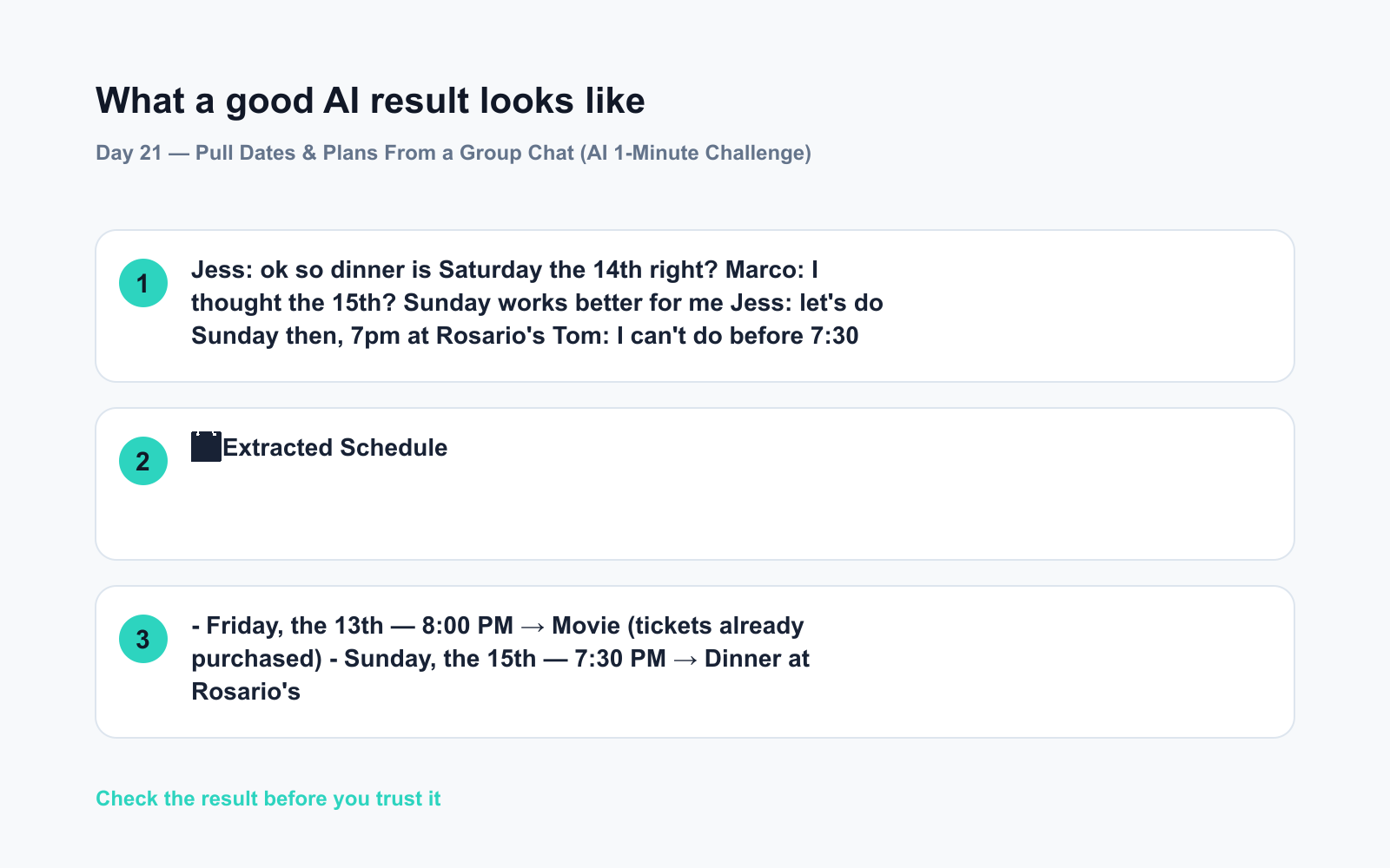 Day 21 β Pull Dates & Plans From a Group Chat (AI 1-Minute Challenge) - Expected AI result visual