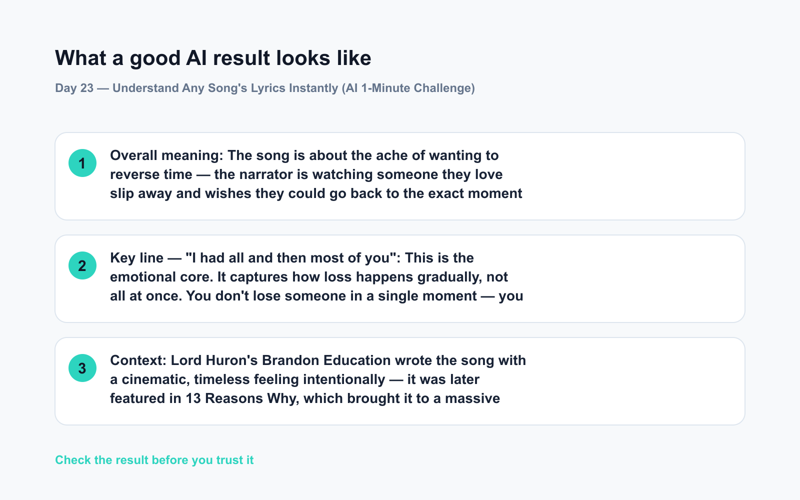 Day 23 — Understand Any Song's Lyrics Instantly (AI 1-Minute Challenge) - Expected AI result visual