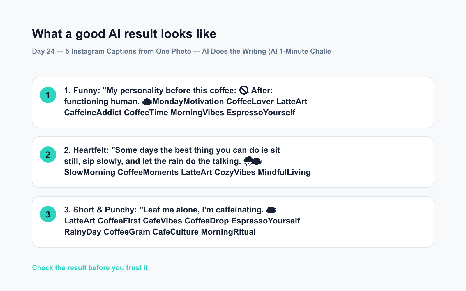 Day 24 — 5 Instagram Captions from One Photo — AI Does the Writing (AI 1-Minute Challenge) - Expected AI result visual