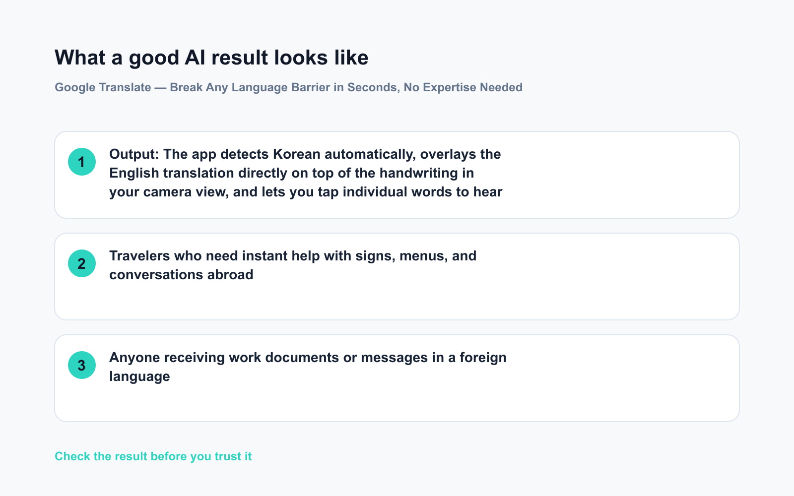 Google Translate — Break Any Language Barrier in Seconds, No Expertise Needed - Expected AI result visual