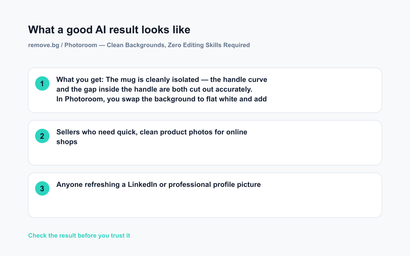 remove.bg / Photoroom — Clean Backgrounds, Zero Editing Skills Required - Expected AI result visual