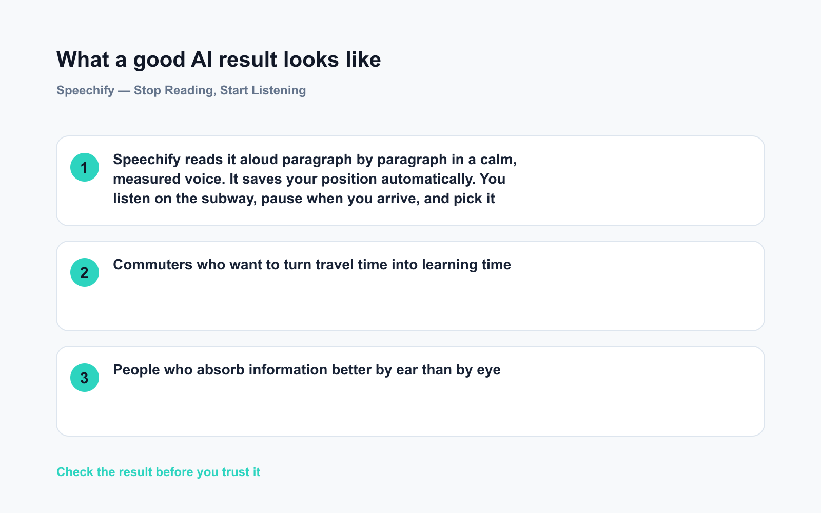 Speechify — Stop Reading, Start Listening - Expected AI result visual