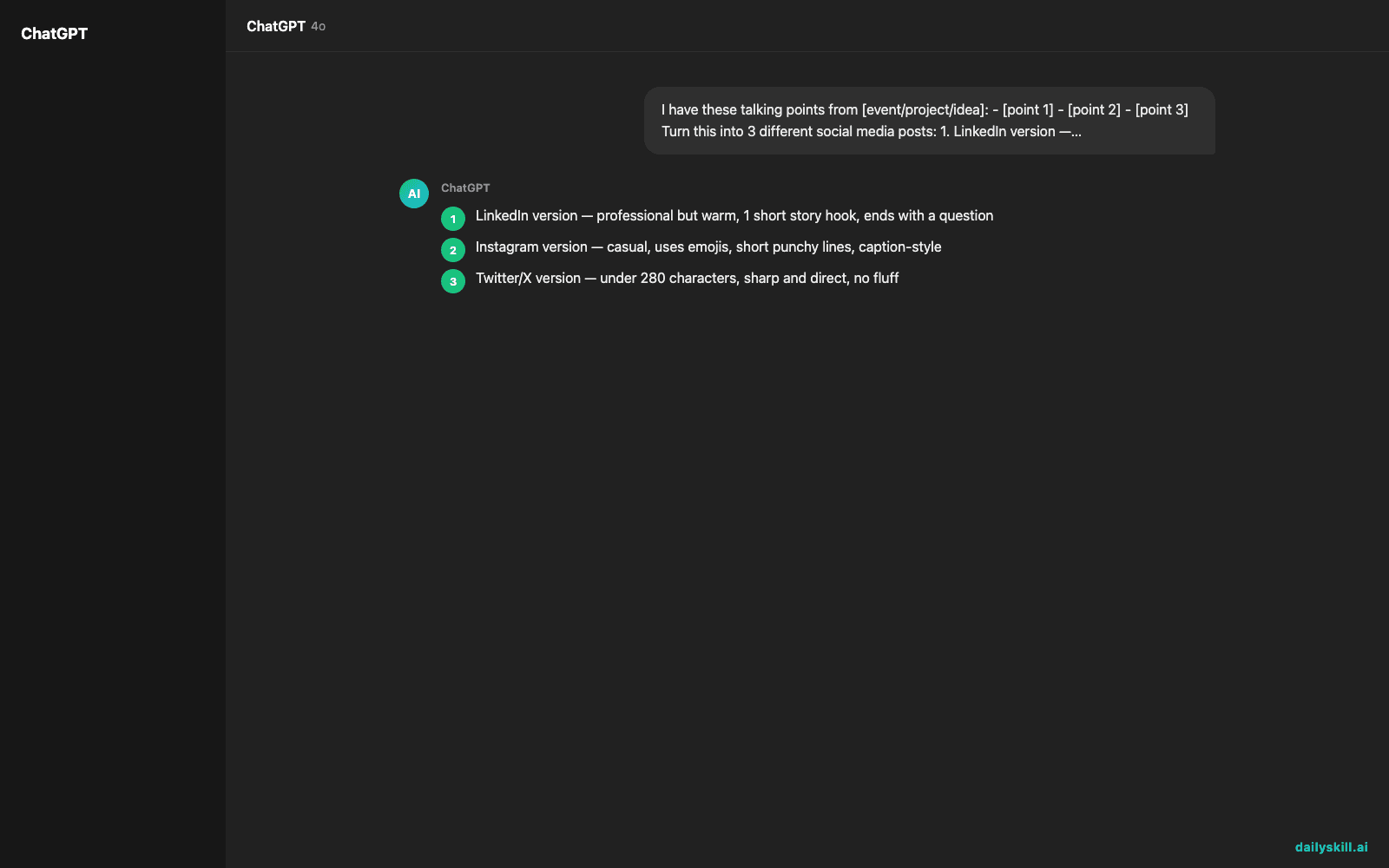 Day 53 β Turn Bullet Points Into Social Posts for 3 Platforms in 60 Seconds (AI 1-Minute Challenge) - Expected AI result visual