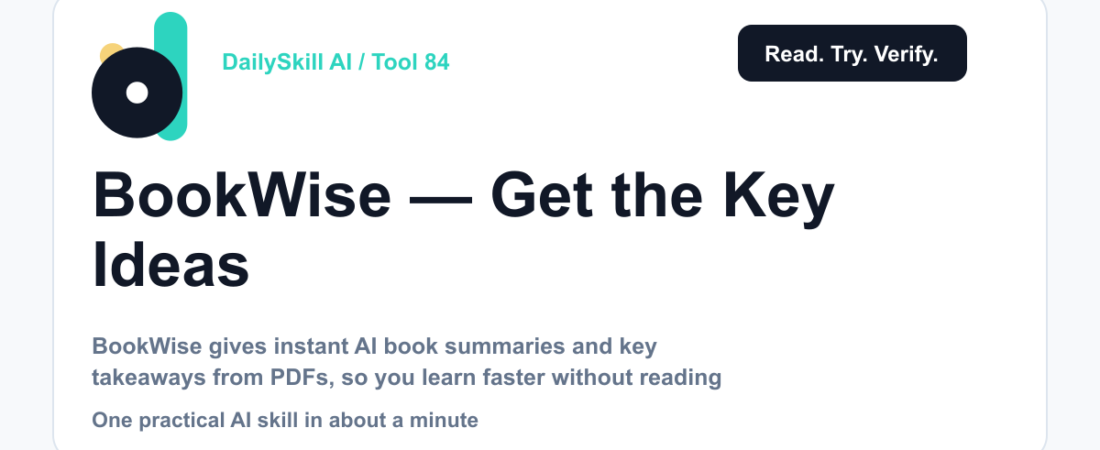 BookWise — Get the Key Ideas From Any Book Without Reading the Whole Thing — DailySkill AI challenge card with an abstract brand illustration