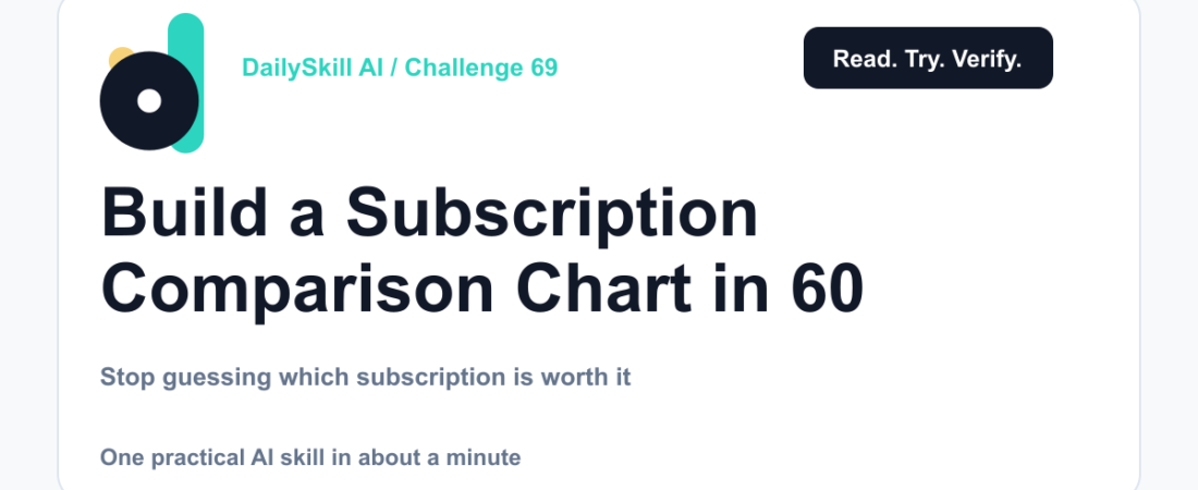 Build a Subscription Comparison Chart in 60 Seconds — DailySkill AI challenge card with an abstract brand illustration