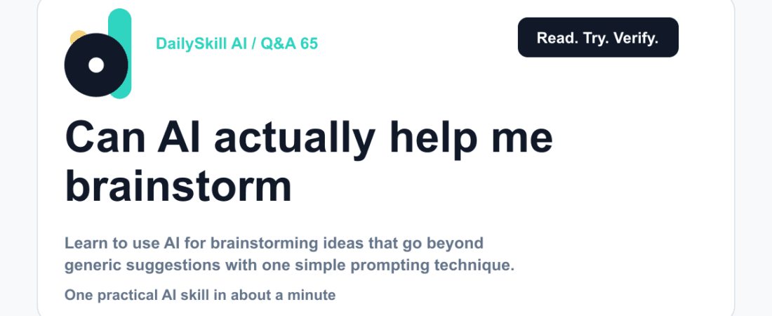 Can AI actually help me brainstorm, or does it just copy existing ideas? — DailySkill AI challenge card with an abstract brand illustration