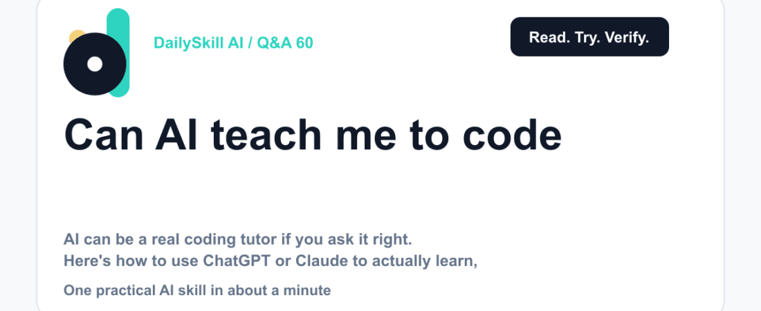Can AI teach me to code, or will it just write the code for me? — DailySkill AI challenge card with an abstract brand illustration