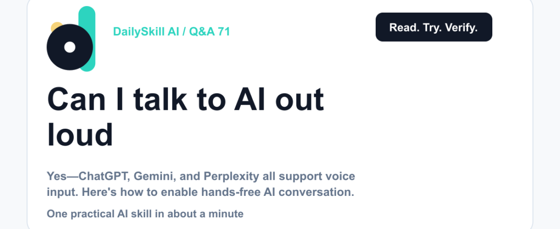 Can I talk to AI out loud instead of typing? — DailySkill AI challenge card with an abstract brand illustration