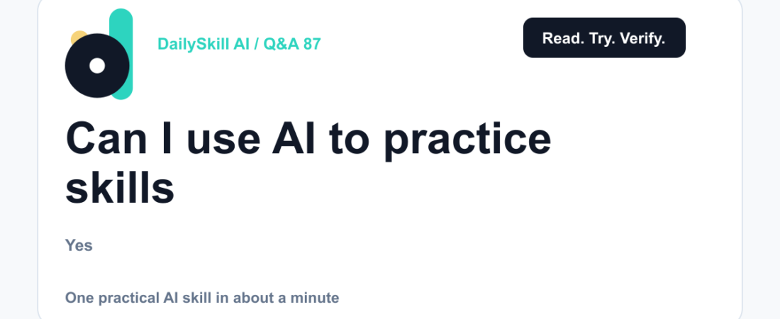 Can I use AI to practice skills like speaking, writing, or problem-solving? — DailySkill AI challenge card with an abstract brand illustration