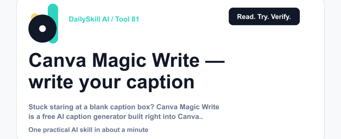 Canva Magic Write — write your caption while your coffee's still hot — DailySkill AI challenge card with an abstract brand illustration