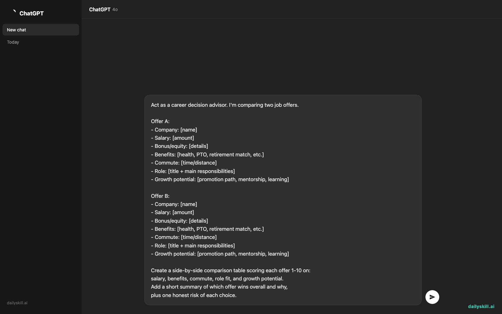 Compare Two Job Offers Side-by-Side in Under a Minute — Prompt input visual