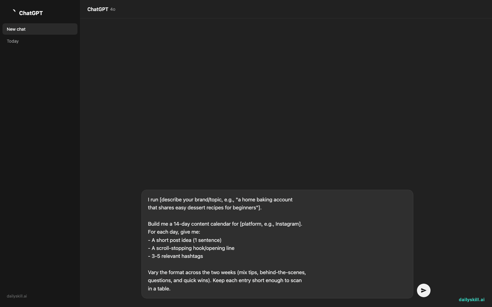 Build a 14-Day Content Calendar From One Idea — Prompt input visual