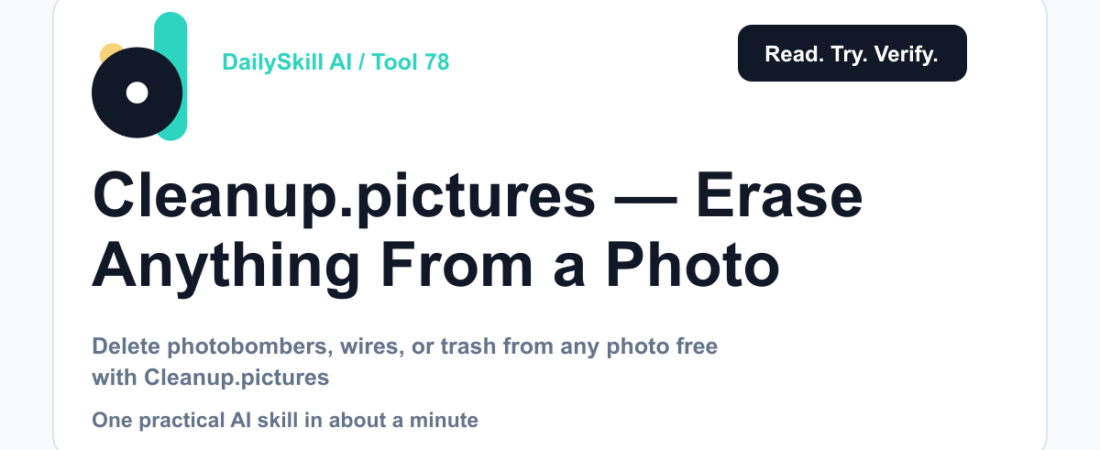Cleanup.pictures — Erase Anything From a Photo Without Photoshop — DailySkill AI challenge card with an abstract brand illustration