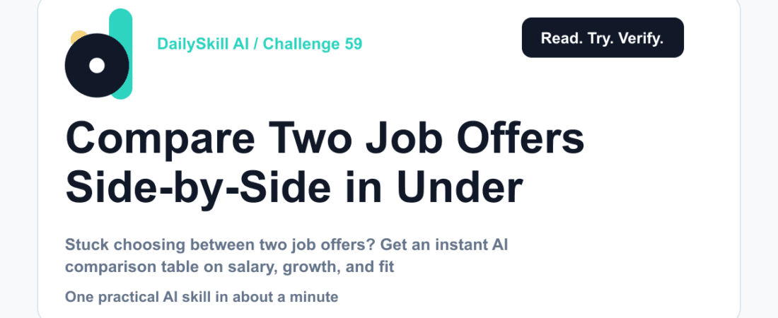 Compare Two Job Offers Side-by-Side in Under a Minute — DailySkill AI challenge card with an abstract brand illustration