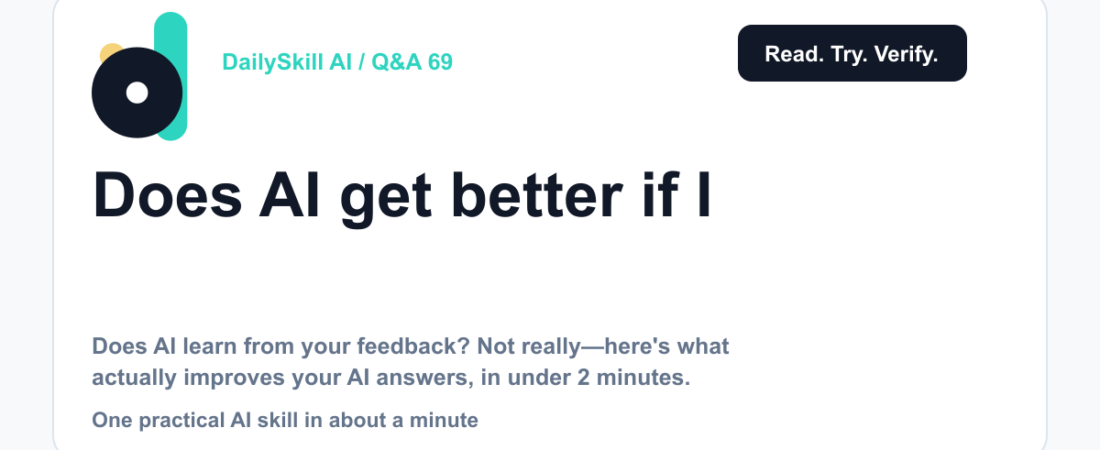 Does AI get better if I give it feedback on its answers? — DailySkill AI challenge card with an abstract brand illustration