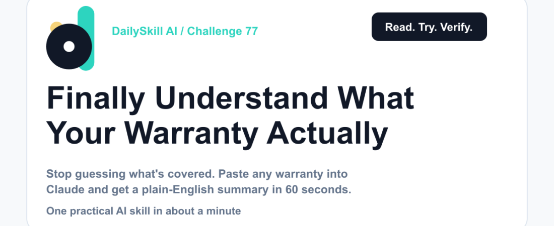 Finally Understand What Your Warranty Actually Covers — DailySkill AI challenge card with an abstract brand illustration
