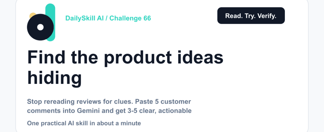 Find the product ideas hiding in your customer reviews — DailySkill AI challenge card with an abstract brand illustration