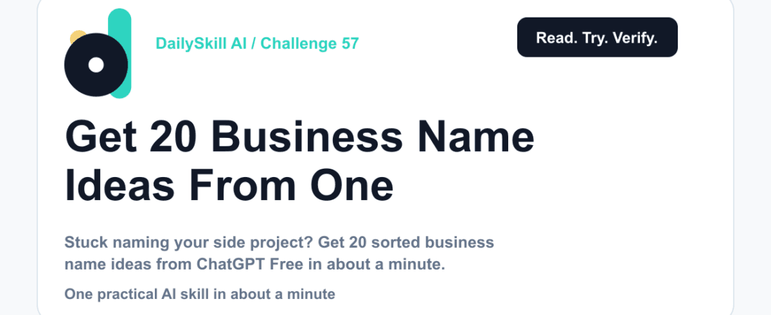 Get 20 Business Name Ideas From One Sentence — DailySkill AI challenge card with an abstract brand illustration