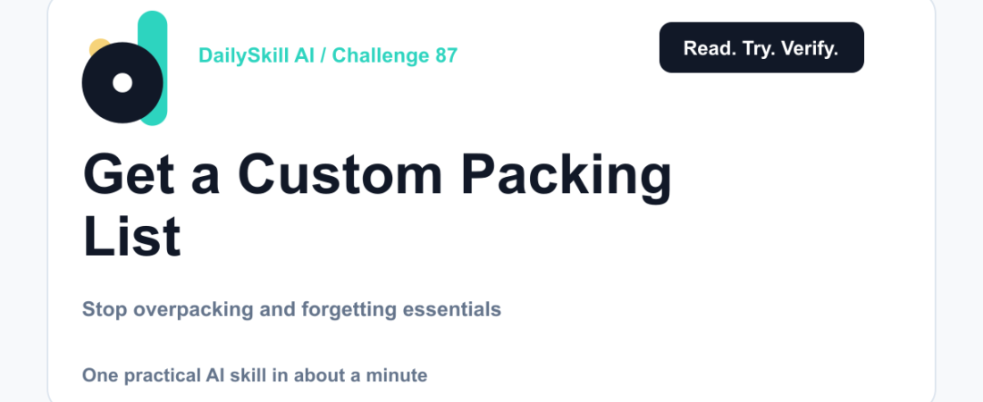 Get a Custom Packing List for Your Trip in 60 Seconds — DailySkill AI challenge card with an abstract brand illustration