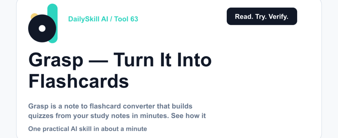 Grasp — Turn Any Study Notes Into Flashcards and Quizzes in Minutes — DailySkill AI challenge card with an abstract brand illustration