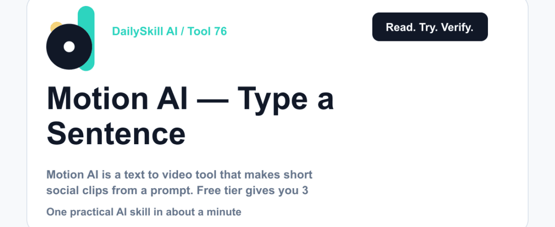 Motion AI — Type a Sentence, Get a Video Back — DailySkill AI challenge card with an abstract brand illustration