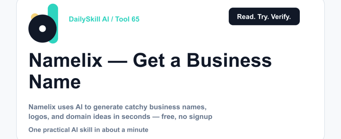 Namelix — Get a Business Name You Actually Like, Fast — DailySkill AI challenge card with an abstract brand illustration