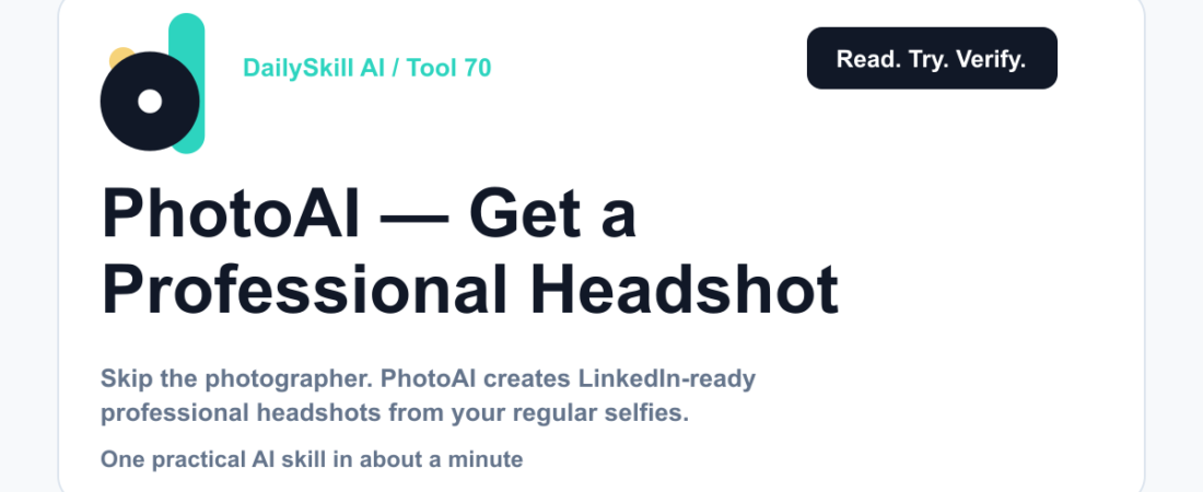 PhotoAI — Get a Professional Headshot Without Leaving Your Couch — DailySkill AI challenge card with an abstract brand illustration