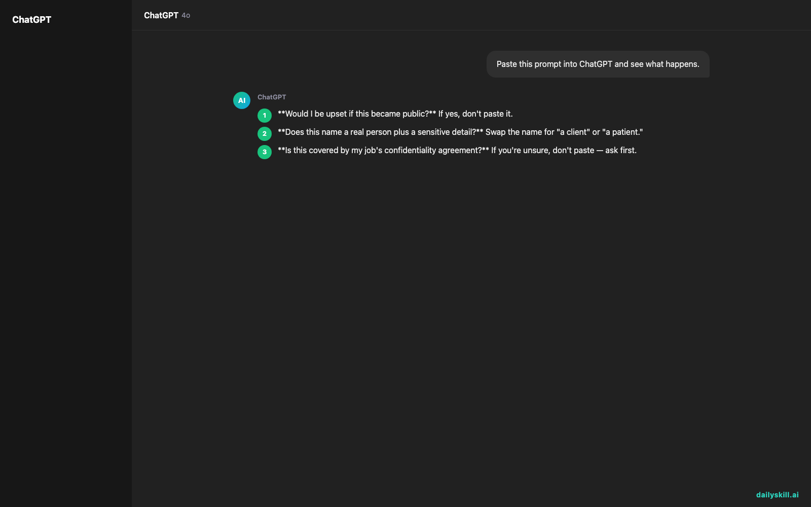 What should I never paste into an AI tool? — Expected AI result visual