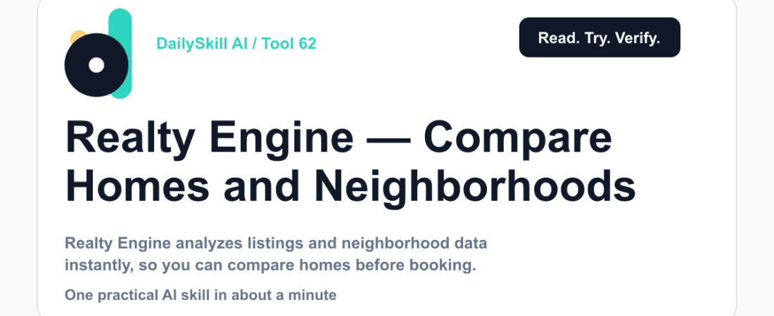 Realty Engine — Compare Homes and Neighborhoods Before You Book a Viewing — DailySkill AI challenge card with an abstract brand illustration