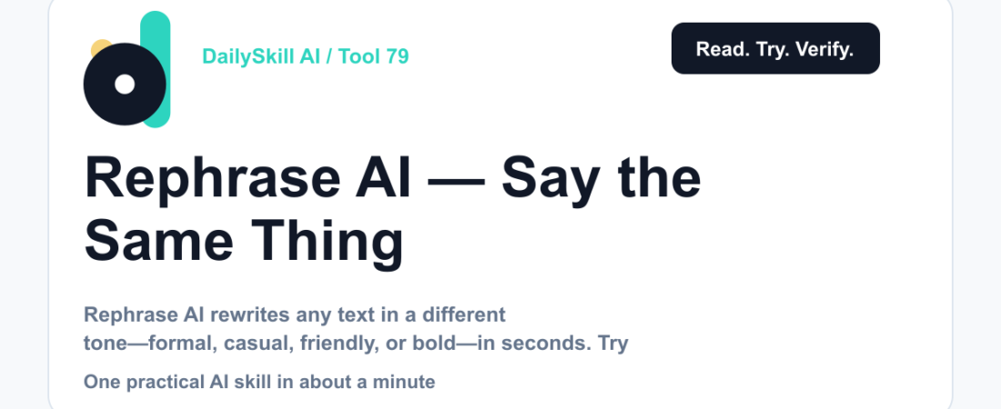 Rephrase AI — Say the Same Thing, in the Right Tone — DailySkill AI challenge card with an abstract brand illustration