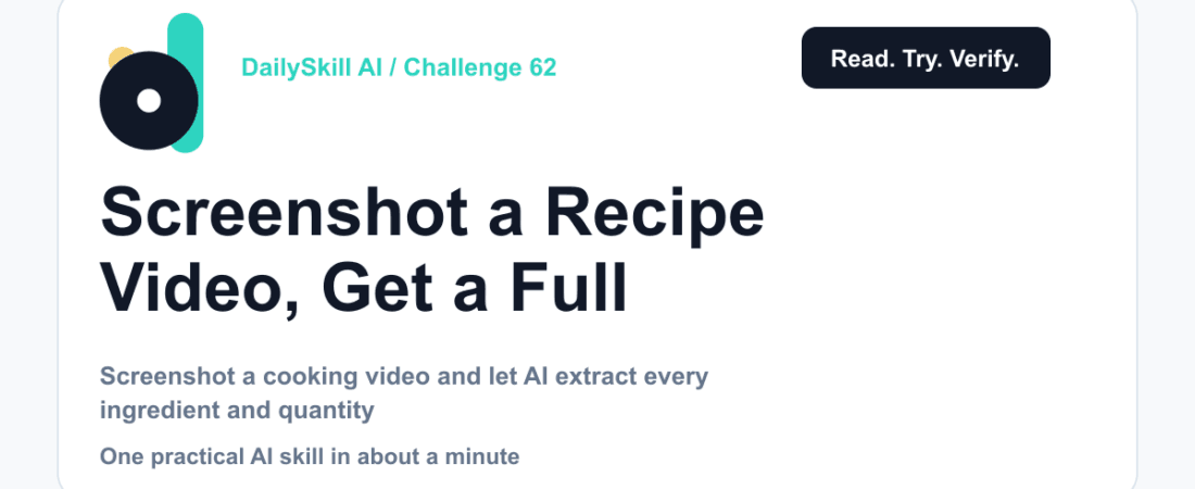 Screenshot a Recipe Video, Get a Full Shopping List — DailySkill AI challenge card with an abstract brand illustration