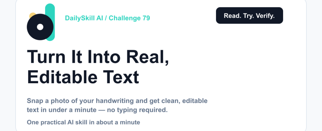 Turn a Photo of Your Handwriting Into Real, Editable Text — DailySkill AI challenge card with an abstract brand illustration