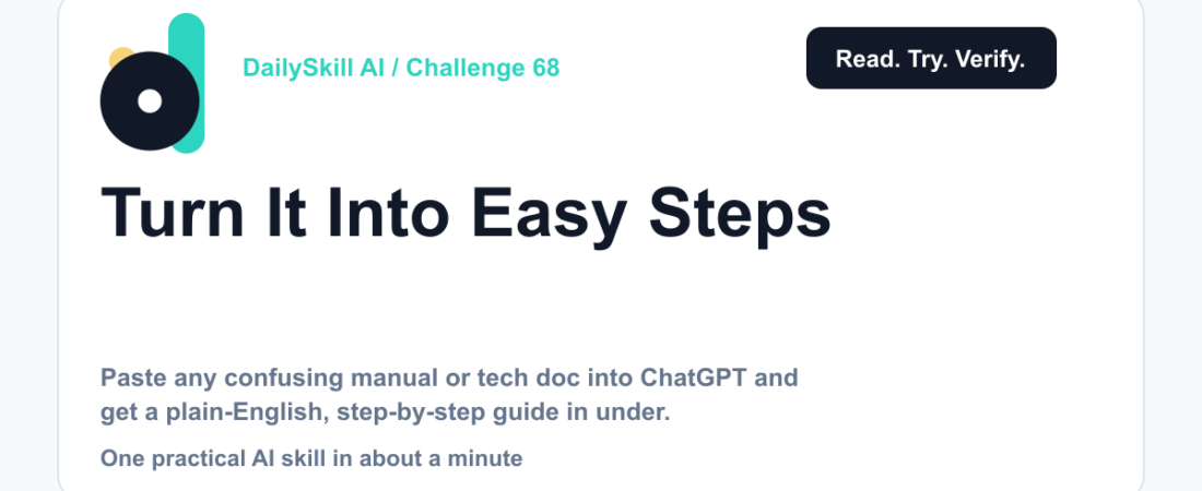 Turn Any Confusing Manual Into Easy Steps — DailySkill AI challenge card with an abstract brand illustration
