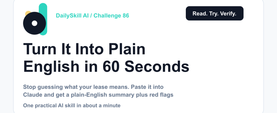 Turn Confusing Lease Language Into Plain English in 60 Seconds — DailySkill AI challenge card with an abstract brand illustration